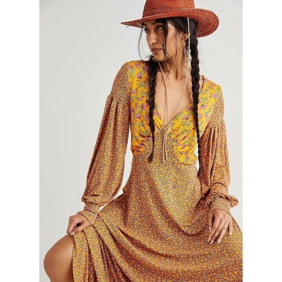 NWT FREE PEOPLE LOVE STORY MAXI DRESS MIXED FLORAL PRINT LONG SLEEVE GOLD - Picture 2 of 4